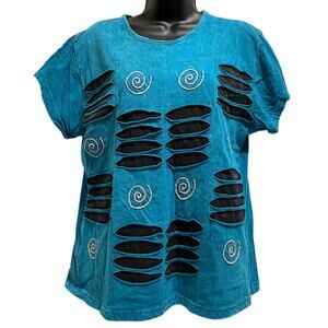 Shop Therapy Blue Black Short Sleeve Textured T-Shirt - Size S/M - Vintage 90's